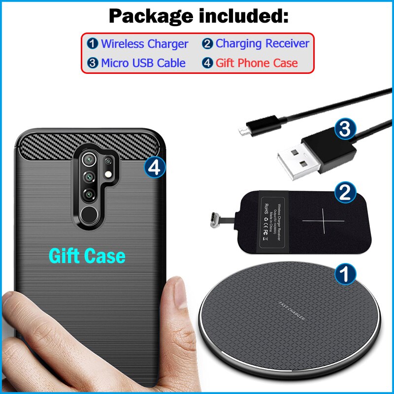 Telefone de carregamento sem fio para xiaomi redmi 9 instalar usb tipo c carregamento receptor + qi carregador sem fio transmissor presente caso macio: Wireless Charger Kit