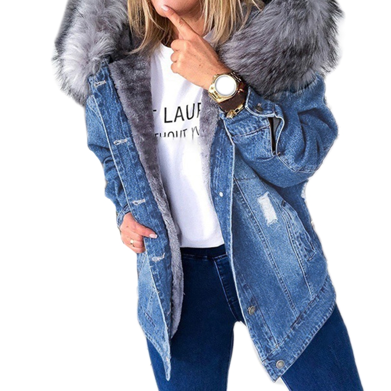 Dam vinter varm fluffig krage huva jeansjacka tjock plyschfodrad varm långärmad jeansjacka buttondown överdimensionerad lös jacka: Xxl / Himmelsblå