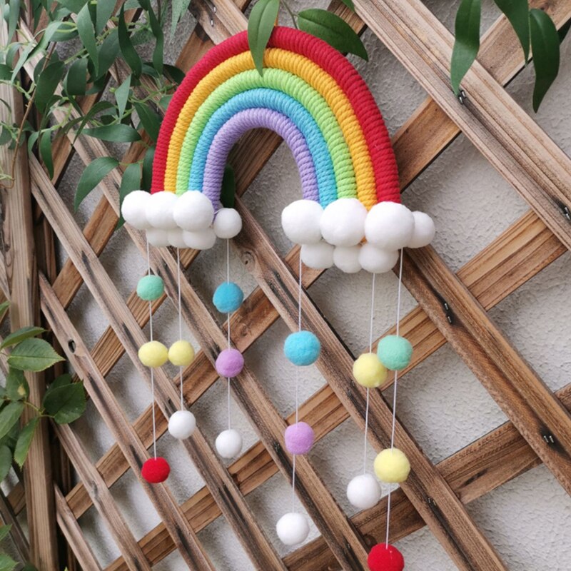 Färgglad regnbåge macrame vägghängande dekoration bomull tofs barnrum inredning boho barnkammare studenthem vävd pom pom boll prydnad
