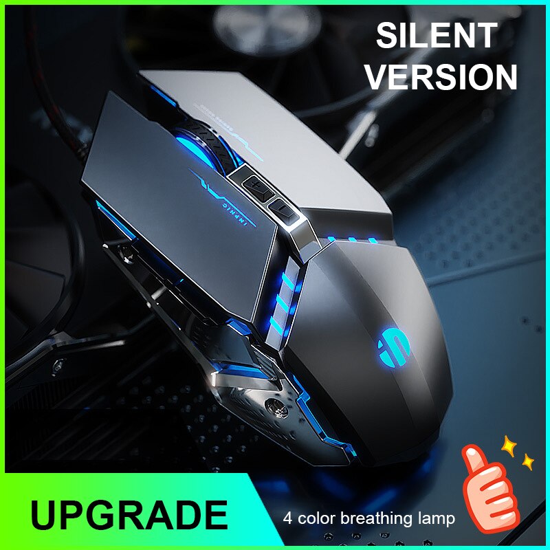 InPhic Home-ratón silencioso con cable USB de 4800DPI, dispositivo de programación de Macro de 6 teclas, con sensación de juego para deportes electrónicos, para PC, portátil y Notebook: metal gray