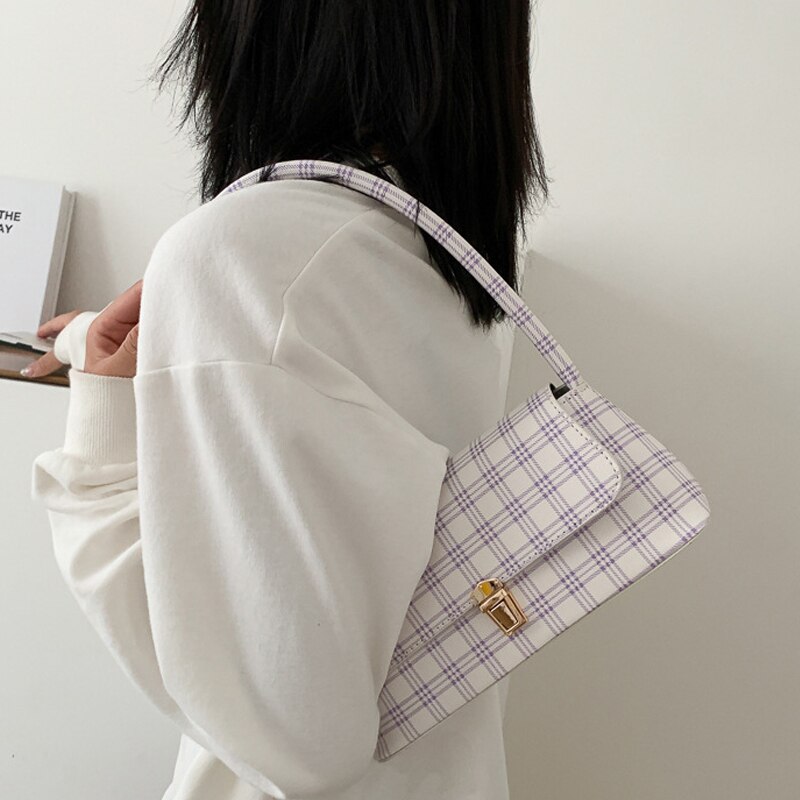 Bolso cruzado retro a cuadros para mujer, baguette con axilas, cadena de hombro, bolso de mano femenino y monedero