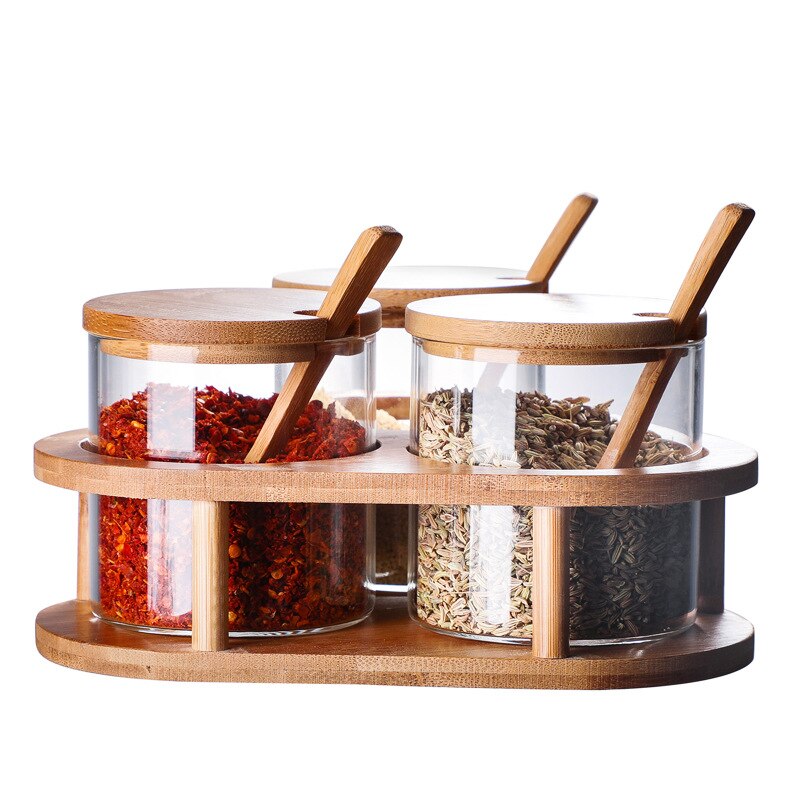 Juego de frascos de vidrio para condimentos con cuchara de bambú y cubierta de bambú, recipientes para condimentos y especias con etiqueta de especias: Caqui oscuro