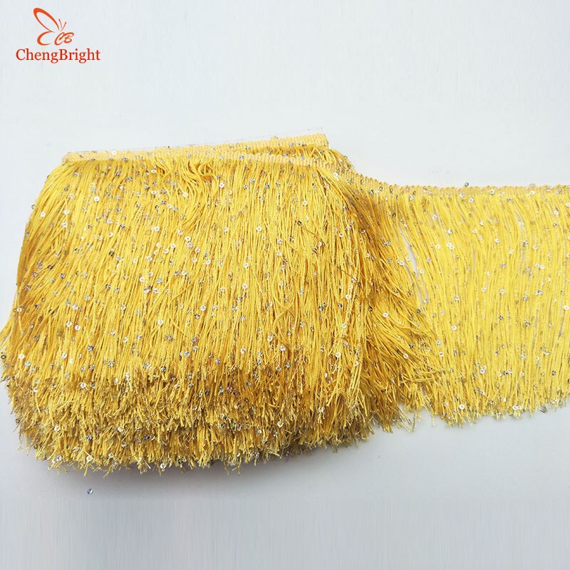 Chengbright 1 yard 20cm brede pailletter blonder frynser trim kvast frynser trimning til latinsk kjole scenetøj tilbehør kvast diy: Gul