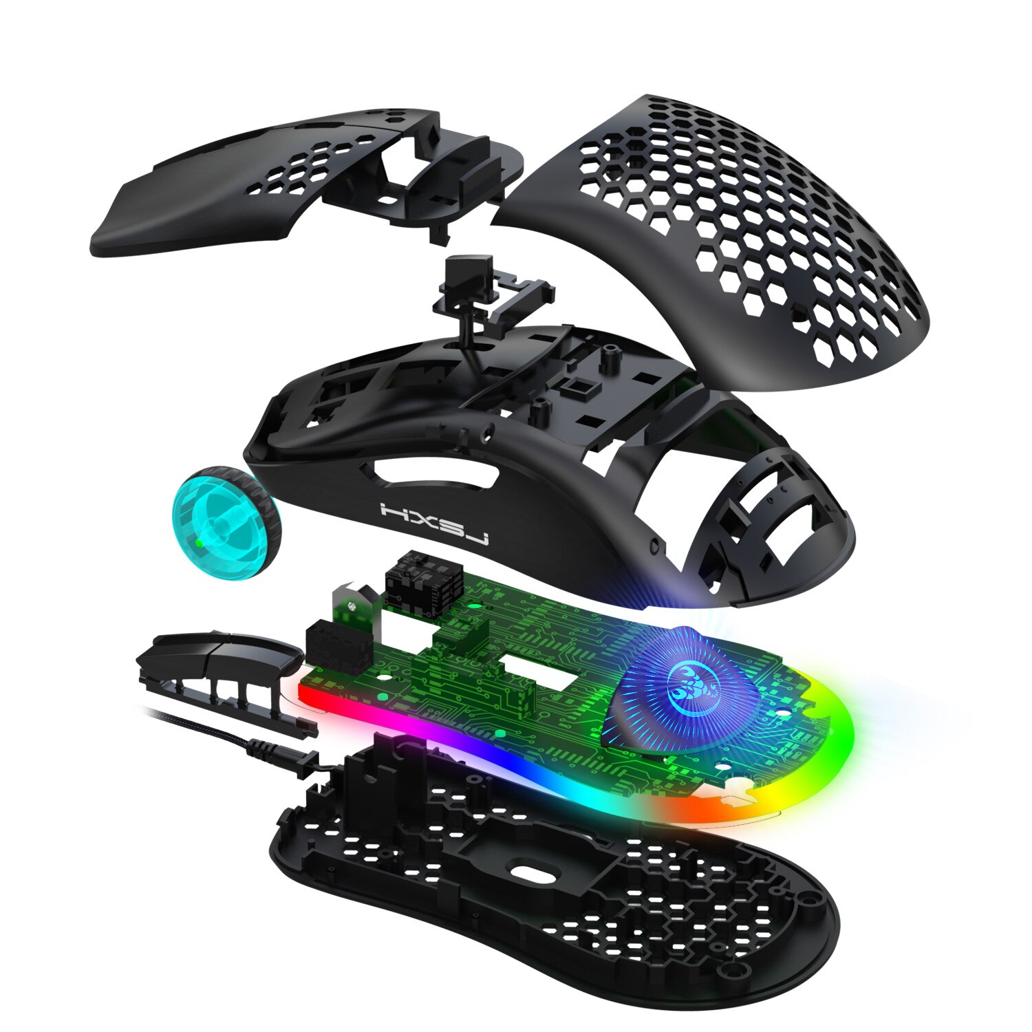 Kabelgebundene gaming-maus mit wabenstruktur, rgb-hintergrundbeleuchtung, 6400 dpi, leicht, ergonomisch, optisch, für computer, pc und laptop