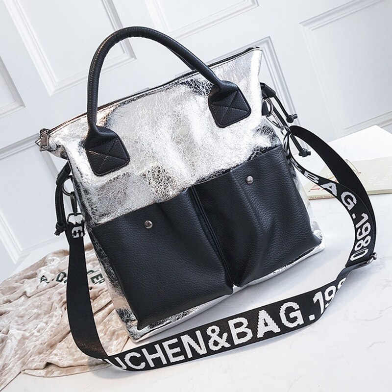 Large Capacity Women Bags Shopping Bag Double Pocket Girl Casual Tote Young Lady Handbags Shoulder Bag Silver Autumn