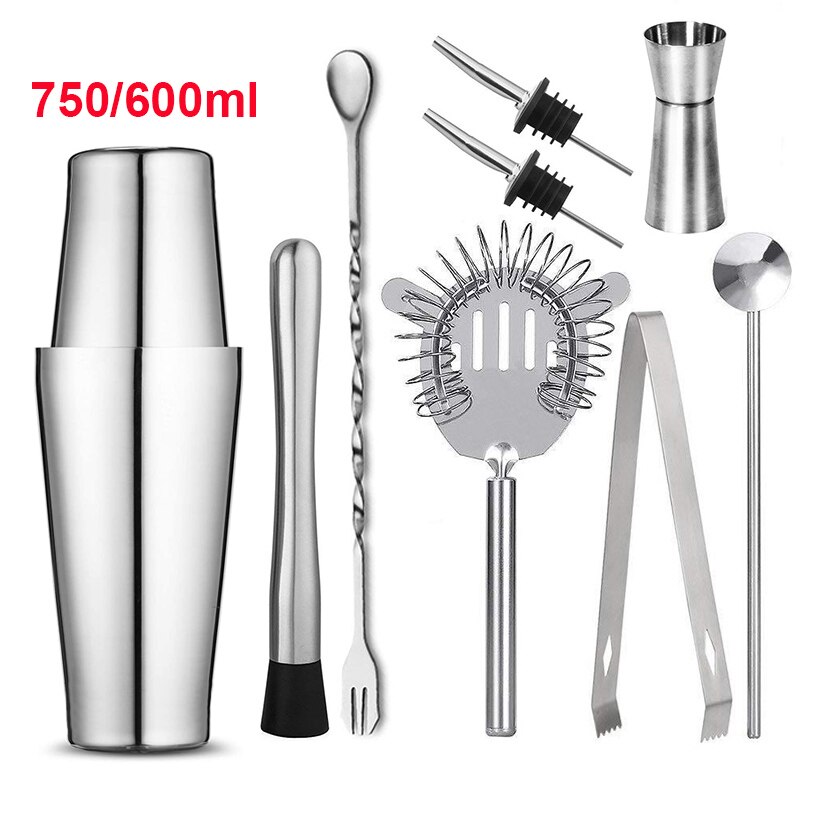Stainless Steel Cocktail Set 550ml/750ml Cocktail Shaker Set with Muddler Jigger Bar Spoon Ice Tong Bartender Kit Bar Set: Boston 9pcs 750x600