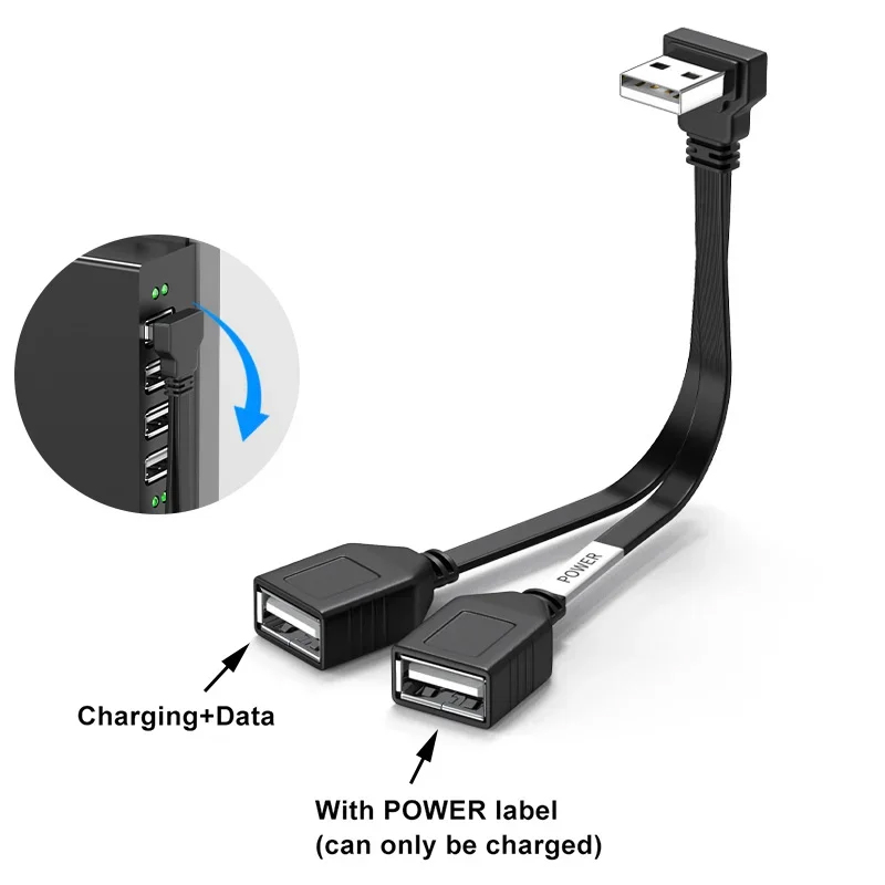 USB 1 to 2 Elbow Computer Extension Cord 65W Fast Charging Flat Data Cable 10/20cm Mobile Phone Car Expander Carplay Splitter: Dark Grey / Line Connector
