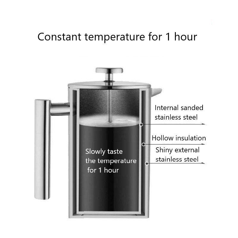 Café Olé Amico 600 ml Cafetière, French Press-koffiezetapparaat, Roestvrijstalen Filtergaas, 5-kops (2 mok), Zilver