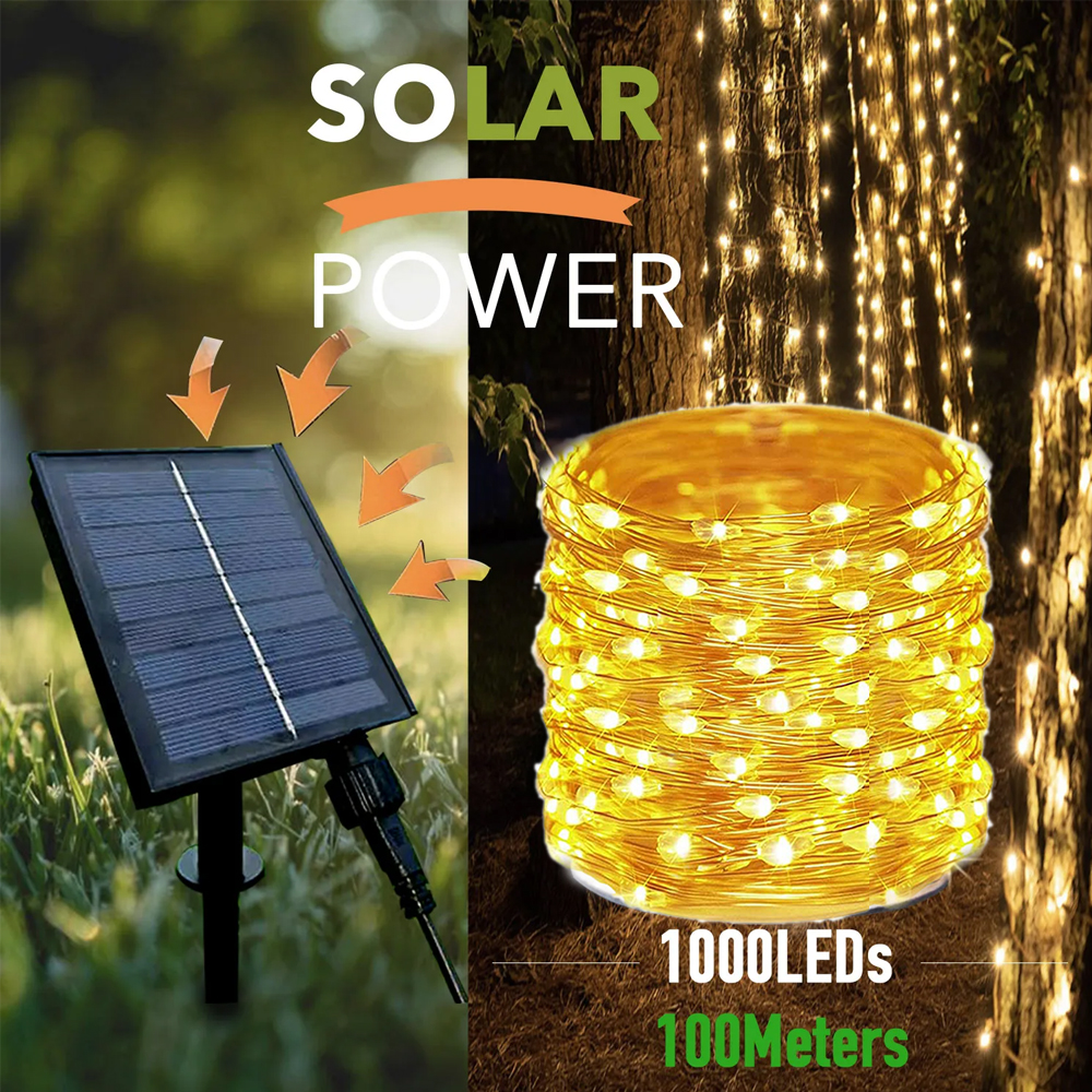 5 ~ 100m extra långa solcellsljusslingor utomhus 1000 led vattentät koppartråd 8 lägen ljusslingor för träd trädgård jul bröllop