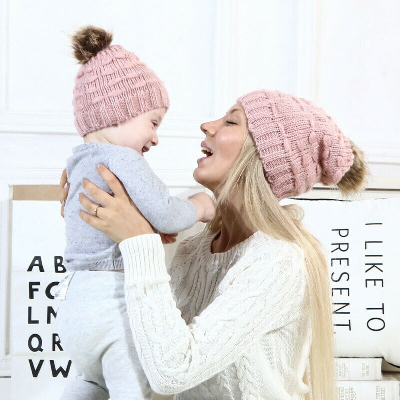 2pc mamma låve strikket ull hatt baby vinter varm hette pompom boble lue hattemaker baby strikk soild bomull blanding kvinner varm vill søt