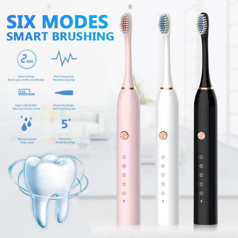 Battery Powered Sonic Electric Toothbrush With 2*Replacement Brushheads Soft Bristle 5 Modes IP65 Waterproof Adult Household