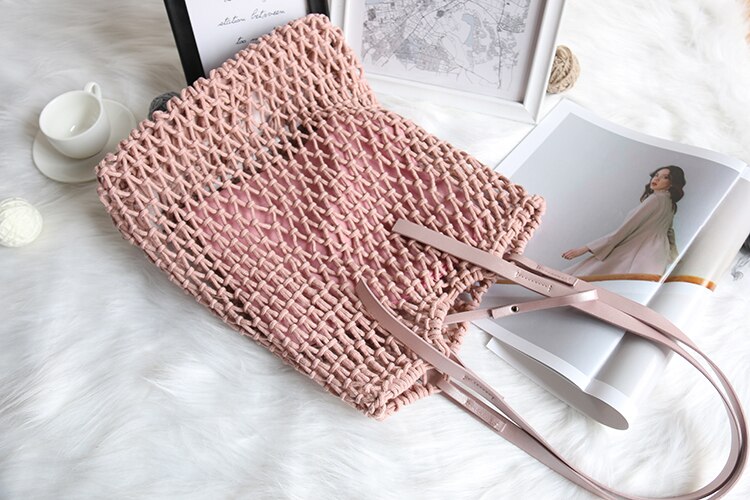 casual hollow rope woven large capacity totes candy color rattan women shoulder messenger bags summer beach handbags lady purses: pink