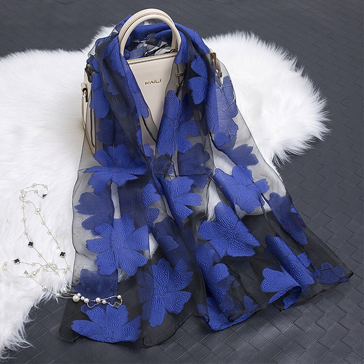 printemps Organza soie écharpe femmes de luxe broderie longue écharpe Hijab hiver dentelle foulards châle pour fille accessoires: Bleu