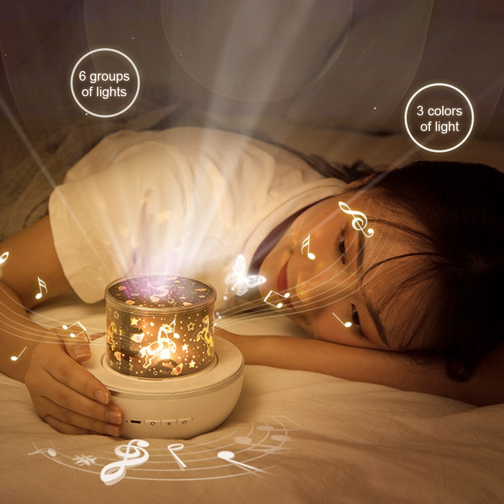 Stjärna natt musik ljus projektor högtalare usb laddningsbar universum stjärnhimmel 360 rotera led lampa färgglada blinkande barn baby