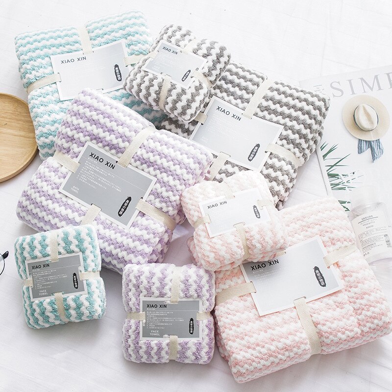 2Pcs/set Bathroom Towels Microfiber Towel Set 140*70cm&75*35cm Stripe Swimming Coral Fleece Face Towel Absorbent Hair Towel