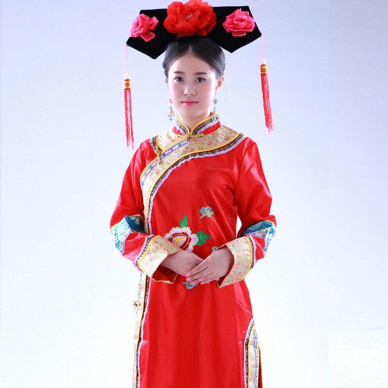 Chinese Traditional Dress Women Cheongsam with Headdress The Qing Dynasty Clothing Princess Costume Stage Costume 17: Red