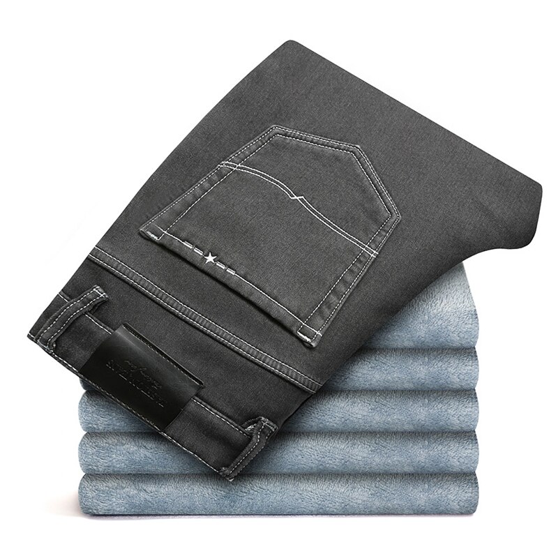 Vinter mænd varme grå jeans elasticitet tykkere skinny plus fløjl denim bukser tøj til mænd