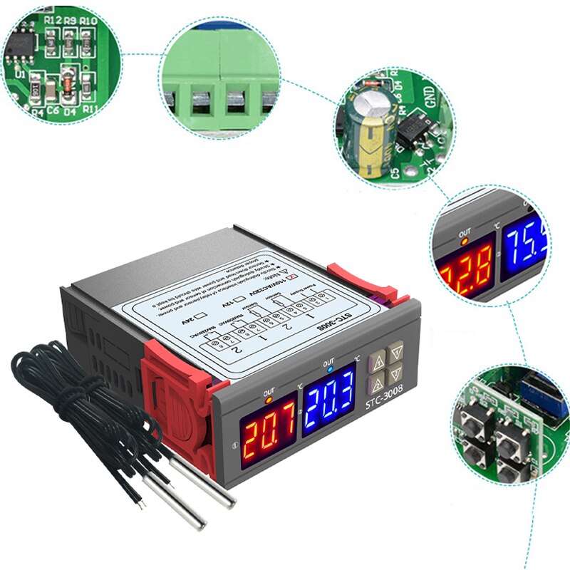 Dubbel digital inkubator termostat temperaturregulator  -3008 intelligent två reläutgångar värme kylning termoregulator