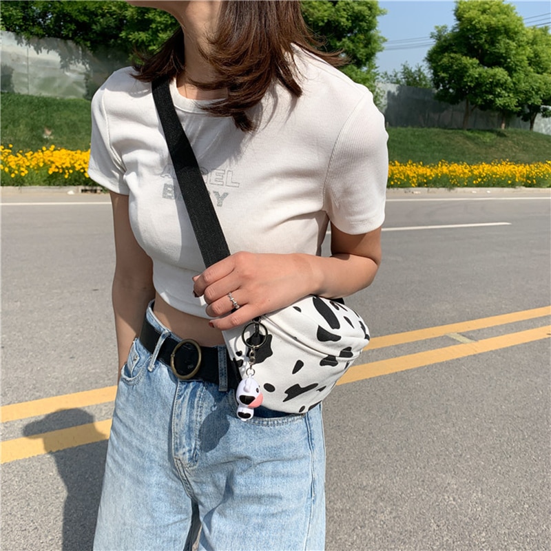 Koreansk mælkeko print kvinder kanvas crossbody bæltetaske japansk harajuku pige sød brysttasker talje bælte kvindelig fanny pack