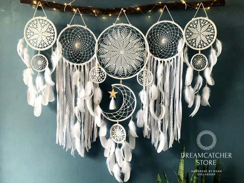 5 unids/set atrapasueños Boho decoración del hogar macramé atrapasueños tapices de pared Luna Ramadán atrapasueños niños adorno para guardería: Gris claro