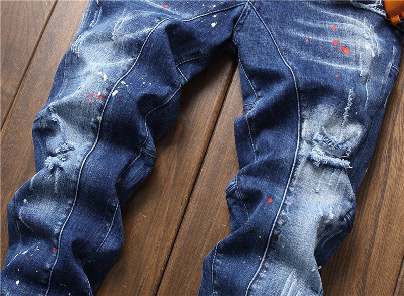 Licht Luxe Mannen Slim-Fit Ripped Blauw Denim Broek, Dot Print Decorating Jeans, white Wash Stijlvolle Sexy Straat Jeans