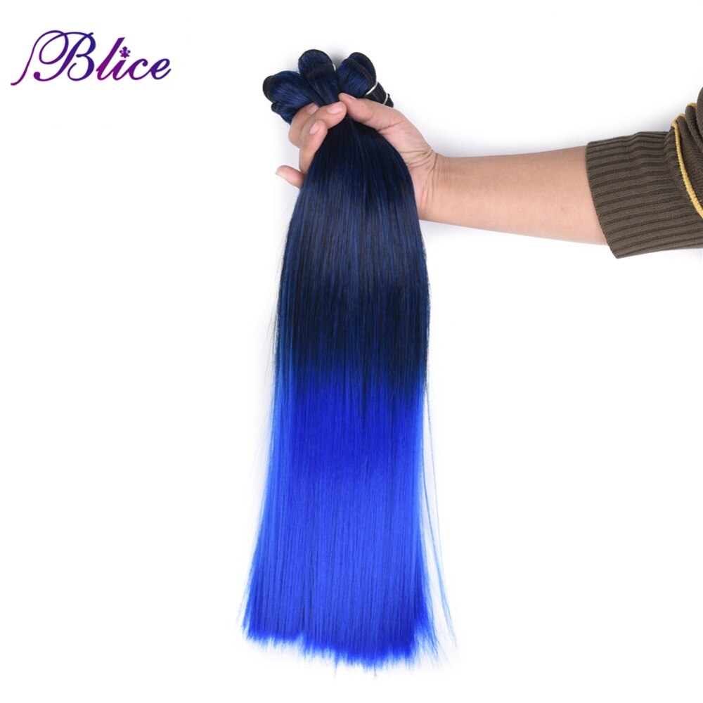 Extension synthétique Yaki mixte # 1B/bleu 18 pouces-Blice | Extensions à coudre lisses, Double trame longue, 100g/pièce, lot de 3 pièces