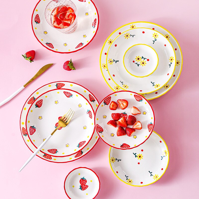 Ceramic Plate Cutlery Strawberry Sun Flower Cartoon Pattern Home Cute Steak Western Food Main Dish Taste Dish Kitchen Tool