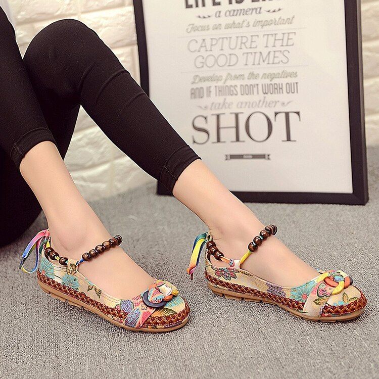 Zapatos planos informales de talla grande 42, Zapatos planos de Mujer hechos a mano con cuentas, mocasines de tiras, Zapatos Retro étnicos bordados para Mujer