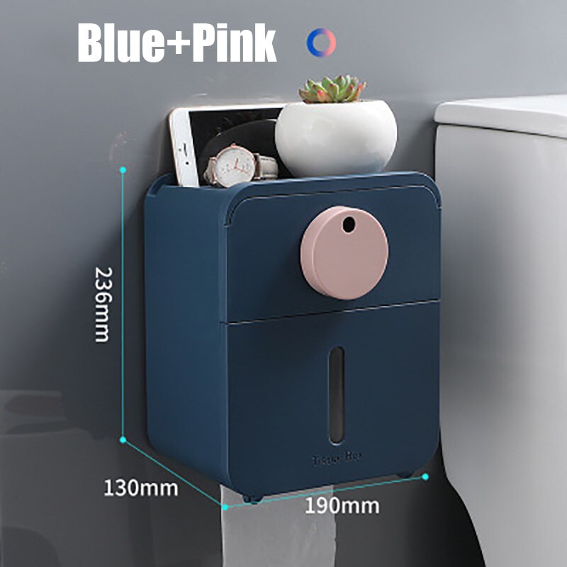 Baispo dobbeltlags tissueboks i toilet vægmonteret papirholder drænbar servietholder wc organizer badeværelsestilbehør sæt: Blå-pink