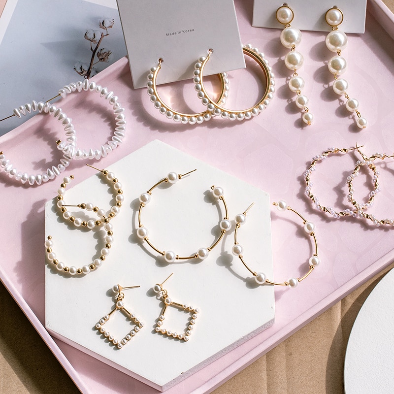 Boucles d'oreilles créoles en perles de culture coréennes, couleur or, simples, en forme de grand cercle, pour femmes, bijoux de mariage