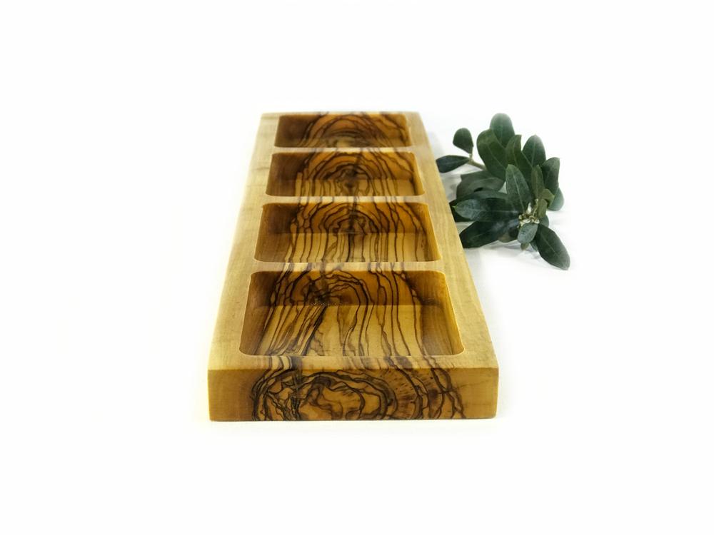 Olive Wood Snack Service Bowl, Quadra Appetizer Hand Made Plates, Wooden Dinnerware Set