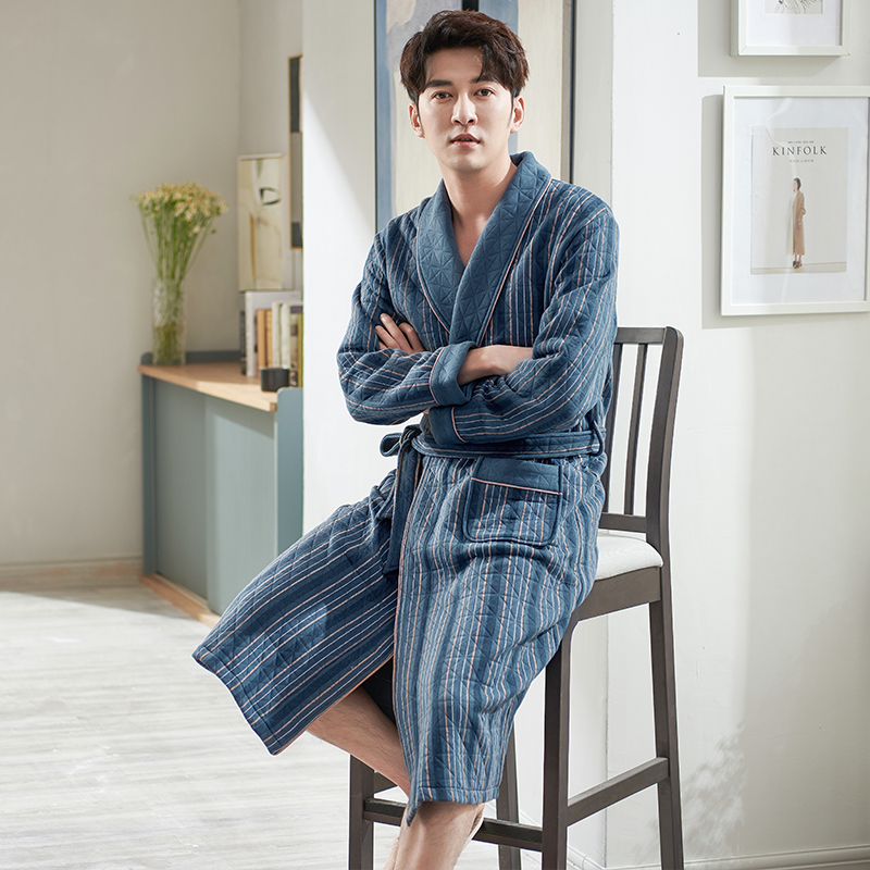 Robe à rayures en coton matelassé pour homme, peignoir d&#39;hiver, vêtements de maison, vêtements de nuit, lingerie, spa, M-3XL