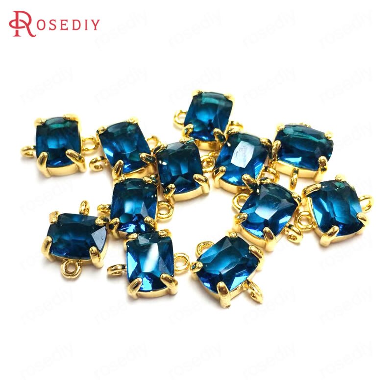 (38230)6PCS 8x10MM 24K Champagne Gold Color Brass and Glass 2 Holes Rectangle Connect Charms Pendants Diy Findings Accessories: Deep Blue