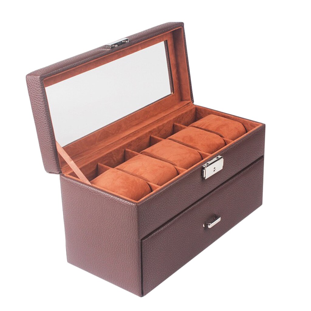 10 Slot Leather Watch Box Jewelry Display Drawer Watch Showcase with Lid