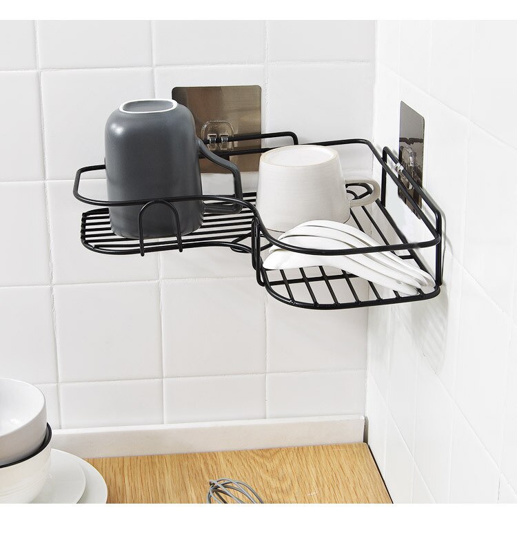 Etagère ventouse pour salle de bain ou cuisine, poinçon, cadre d&#39;angle, fer forgé, rangement de shampoing et accessoires
