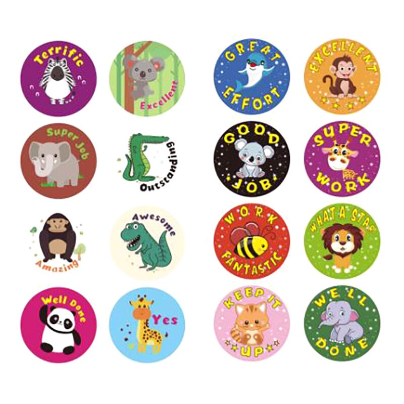 500Pcs/Roll Kids Motivatie Stickers Beloning Stickers Aanmoediging Sticker Roll Met Leuke Dieren (Willekeurige Levering)