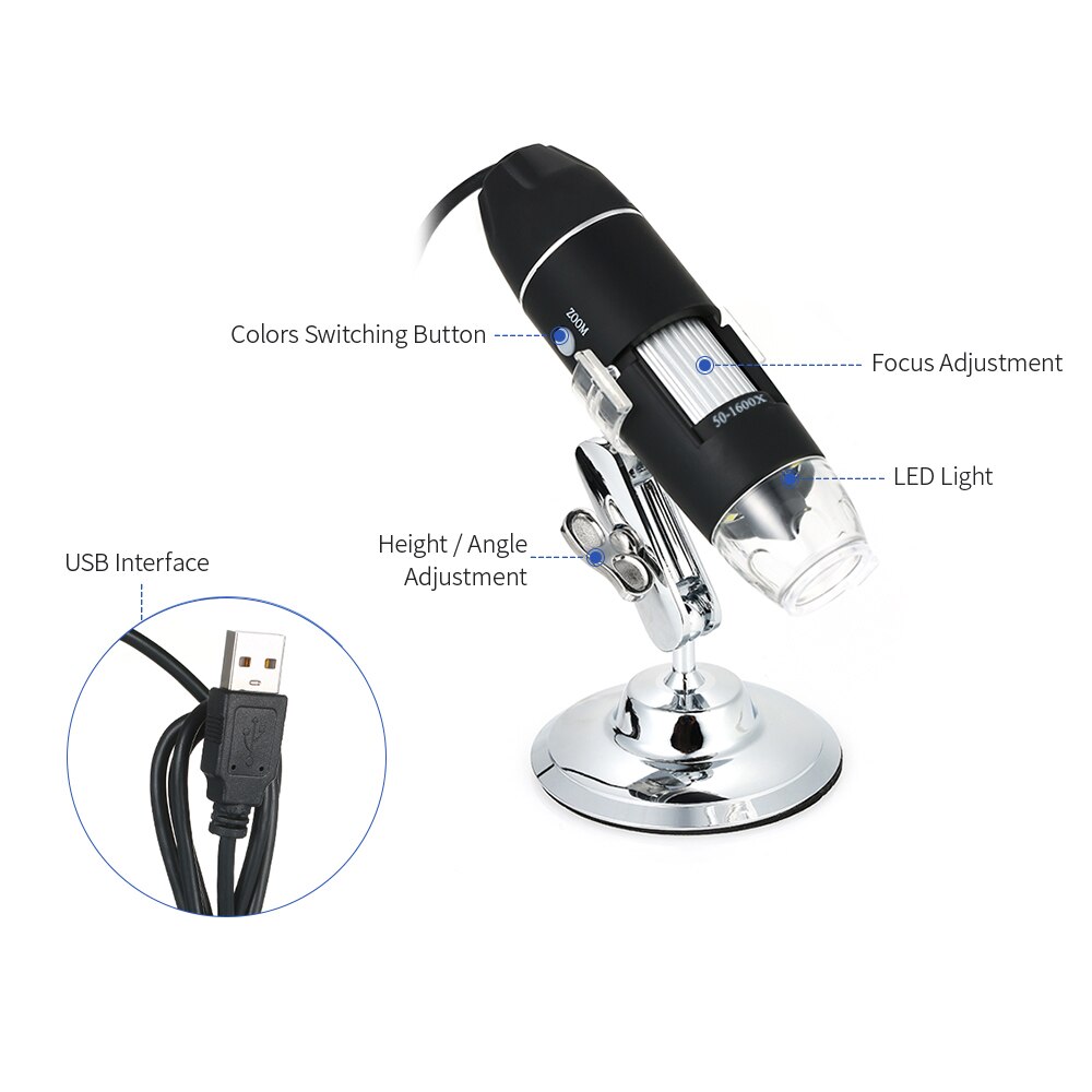USB Digital Microscope KKMOON 1000X 1600x 8 LED Magnification Endoscope Camera with Metal Stand Digital Microscope Microscopio
