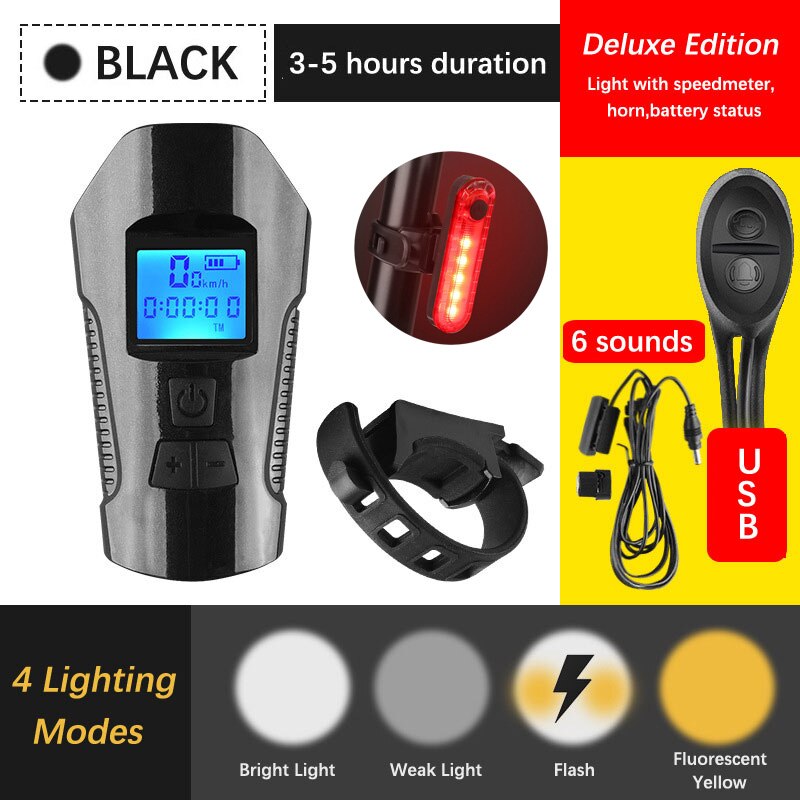 Waterproof Bicycle Light Computer Cycle Speedometer Lights USB Rechargeable Bike Front Light Flashlight LED Cycling HeadLight: black set 2