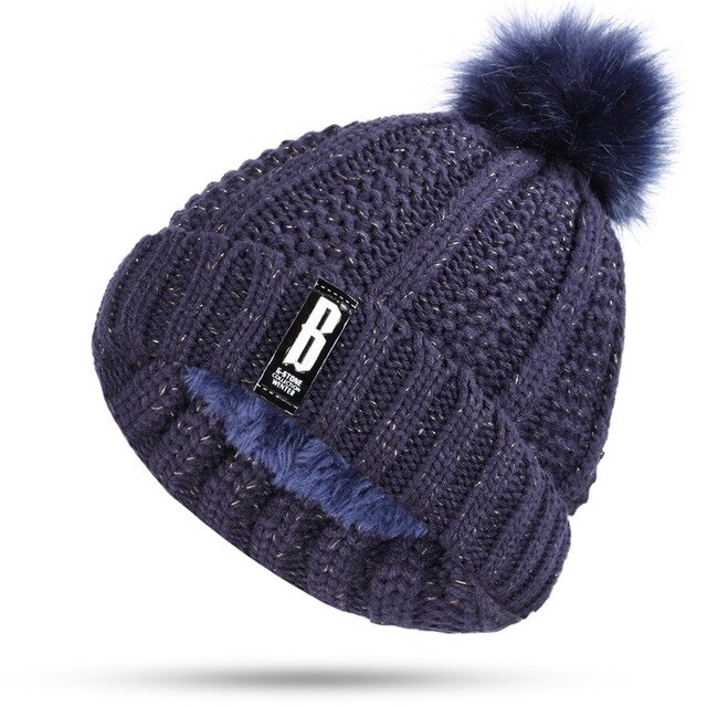 Dikke voering plus fluwelen winter dames pompon gebreide muts ring sjaal sets dames merk mutsen mutsen warme dames ring sjaal: Blauw -2