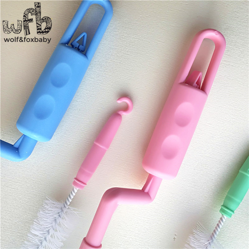 Retail One Big+One Small 2 Pieces/lot Hand Baby Bottle Brushes Clean Brushes For Kids 360 rotate Plastic Nylon Steel