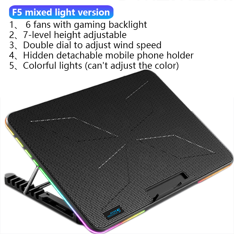 Coolcold 12-17 Inch RGB Gaming Laptop Cooler ,Six Fan Cooling Bracket With Led Screen,Notebook Cool Stand Two USB Ports: F5 Mix Light