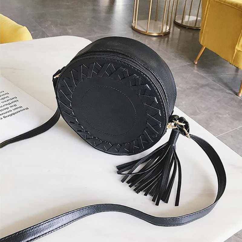 Dames Vintage Kwastje Messenger Bag Kleine Crossbody Bag Pu Lederen Handtassen Vrouwen Ronde Casual Vrouwelijke Schouder Tote Purse: Black