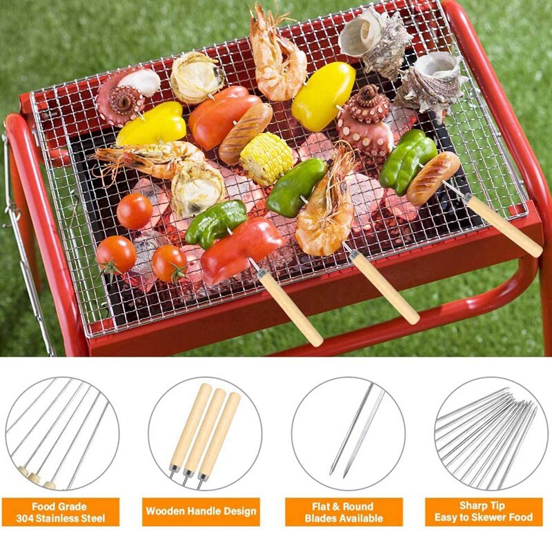 Kebab Skewers, 20 Pcs Stainless Steel BBQ Skewers Reusable Metal Skewer Sticks Flat And Round Barbecue Grilling Skewers