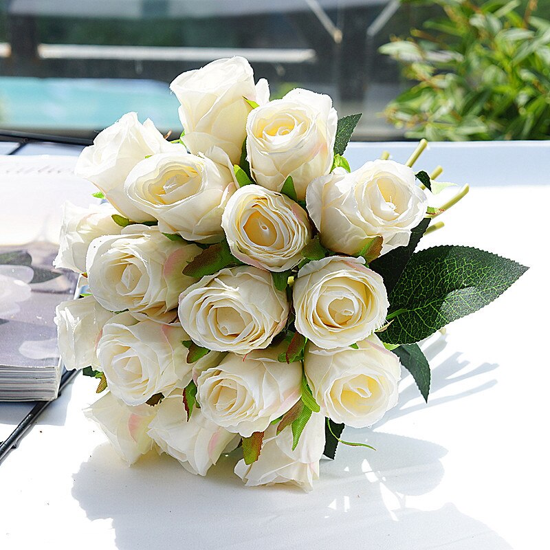 18heads/bunch rose hand flowers artificial silk flower for white wedding decoration room table decor bridal flores artificiales: Light Champagne