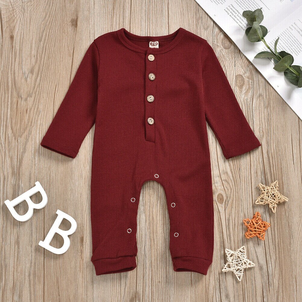 Infant Baby Girl Boy Romper Clothes Solid Button Long Sleeve Knitted Romper Jumpsuit Overall Outfits: Wine Red / 12M