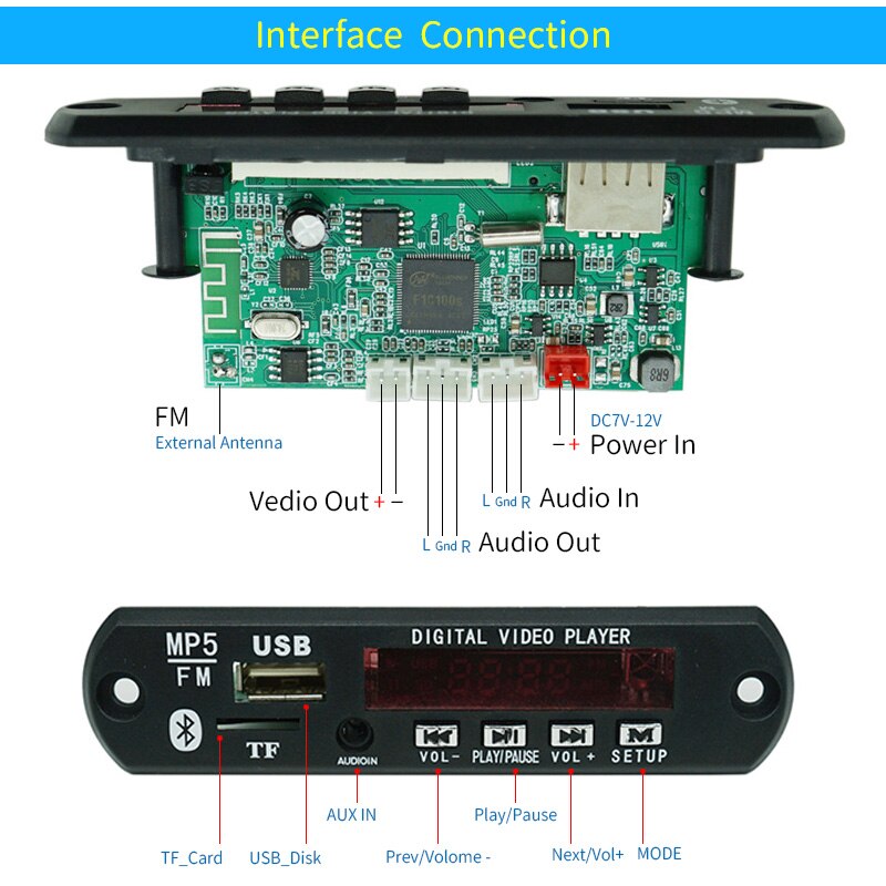 UNISIAN MP5 Digital Video Player HD 1080P Mp5 Mp4 Video Decoder Module Bluetooth/USB/TF/AUX/APE/WAV/MP3 Audio Player