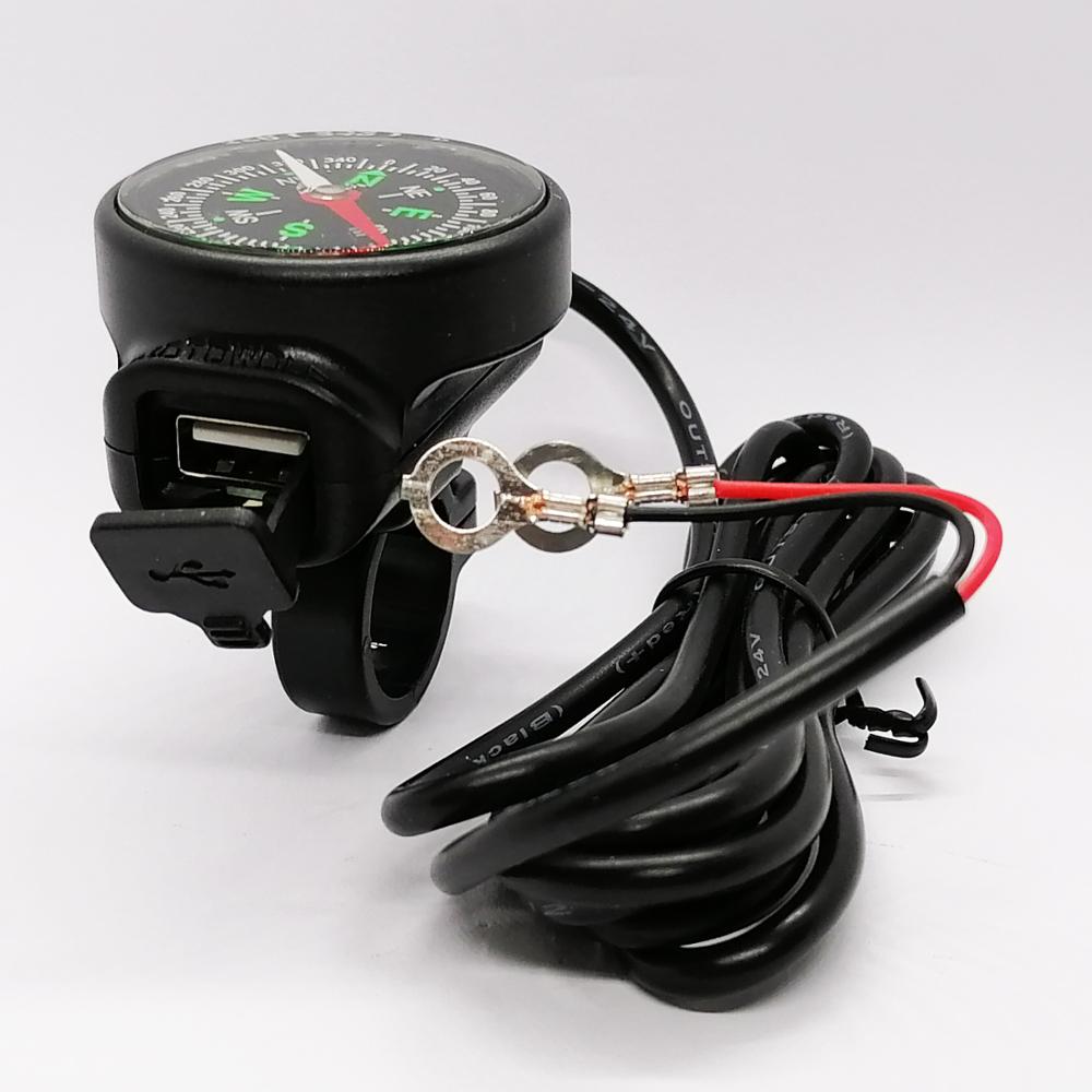 Motorcycle Handlebar Rail Mount Waterproof USB Charger 12-24V 2A with Compass for Mobile Phones GPS