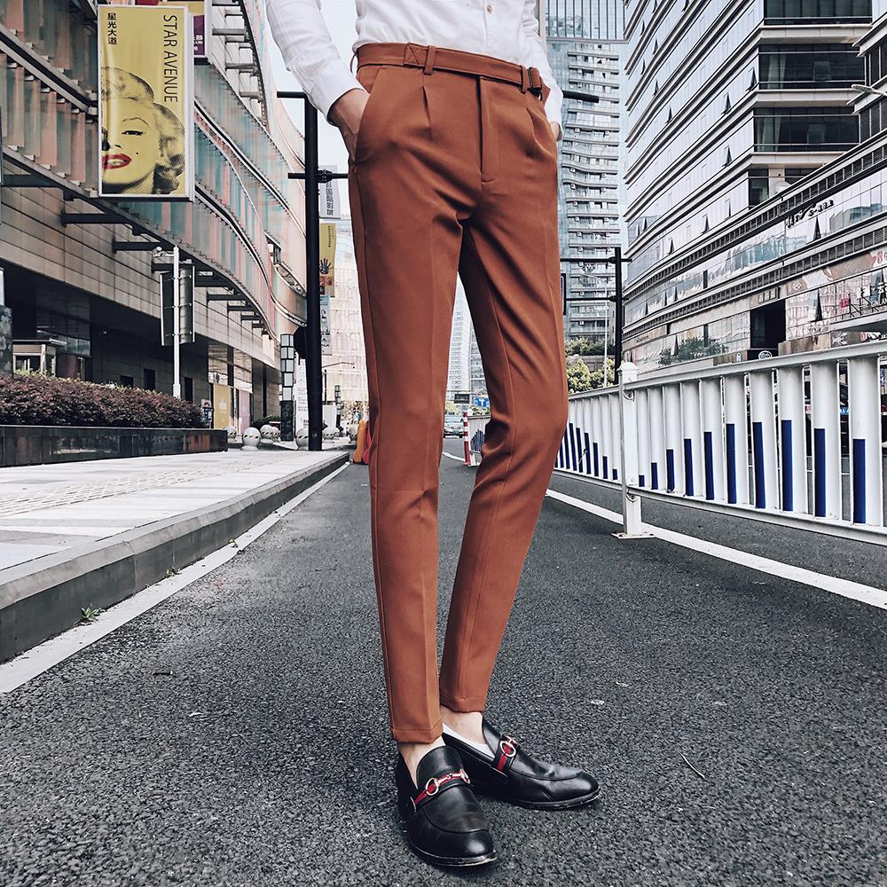 Byxor herr brun slim fit kostym byxor herr kostym byxor pantalon homme dräkt manlig högkvalitativ solid: Dk1837 bruna / 31