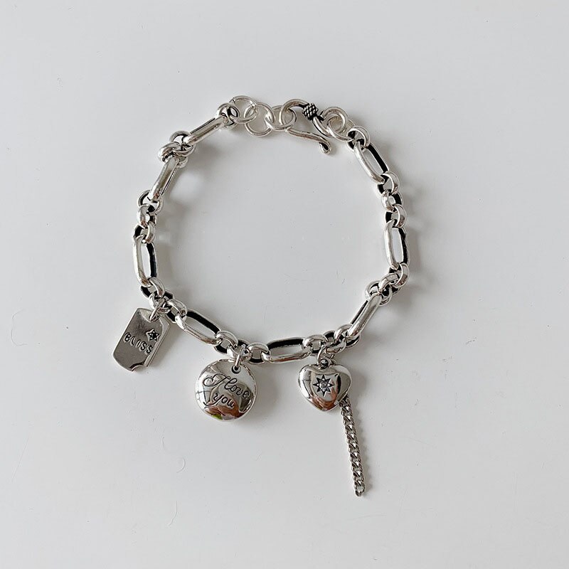 Vintage Elephant Round Tag Bracelet for Women Men Thick Chain 925 Sterling Silver Bracelet Jewelry S-B456: round heart