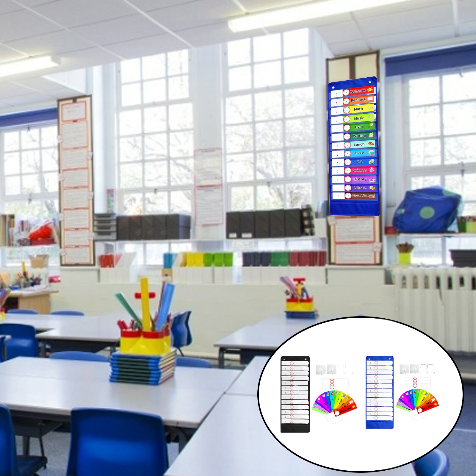 Daily Schedule Pocket Chart 2 Hook Kit Easy Deluxe Calendar for Activities Demonstrations School Toddlers Teacher